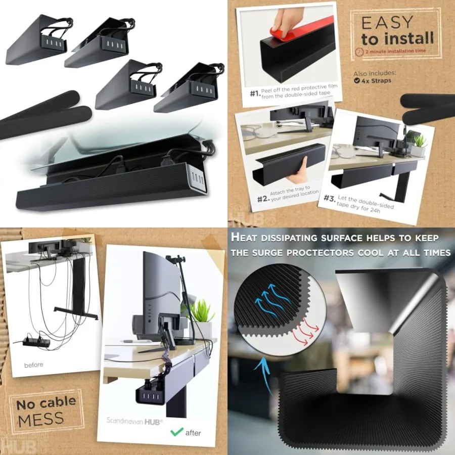 

No-Screw Under Desk Cable Management Tray - Self-Adhesive Installation, Cord Management, Cable Tray, Under Desk Wire Organizer