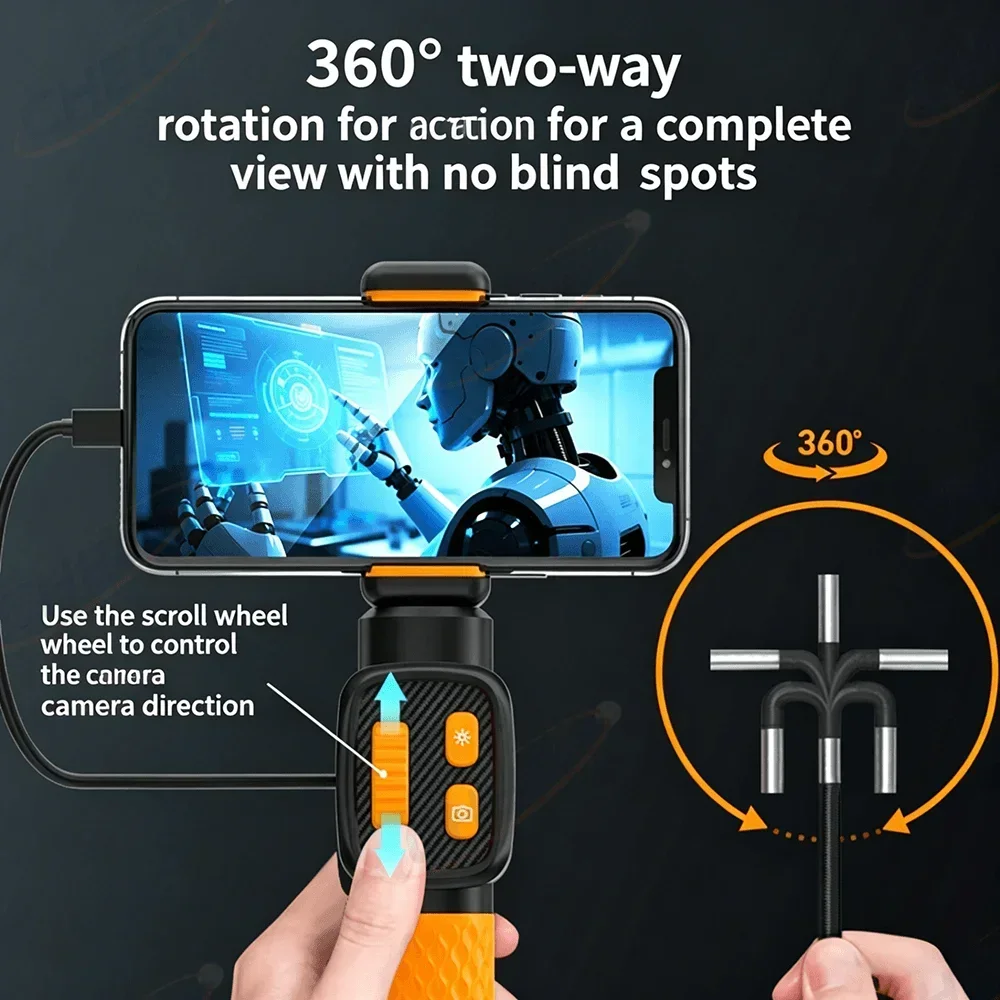 Auto Pipeline Industrial Inspection Borescope 360° Bidirectional Articulating IP67 Waterproof Oilproof Zero Lag  For iOS Android
