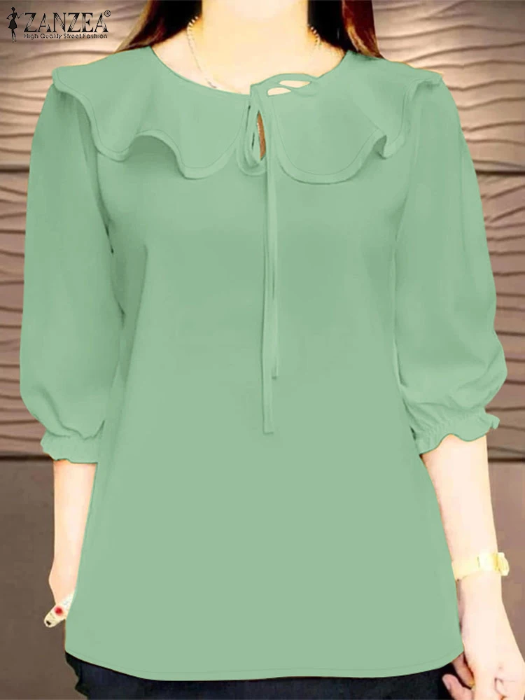 

ZANZEA Women Elegant Blouses Fashion Ruffled Collar 3/4 Puff Sleeve Lace-Up Blusas Mujer Day Wear Office Wear Solid Chemises