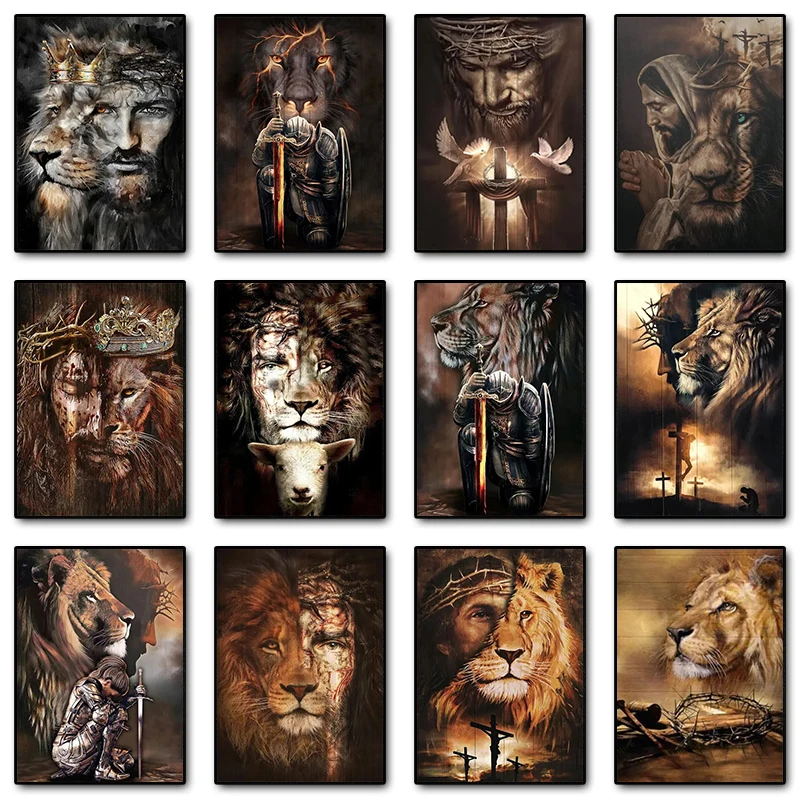 Vintage Lion and Jesus Portrait Posters Prints Catholic Religion Christ Canvas Painting Wall Art Picture for Room Home Decor