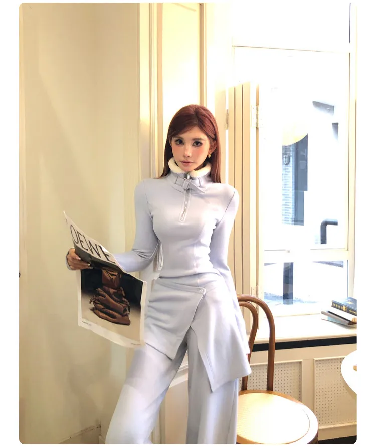 Kimutomo 2026 Women Self-heating Wool Knit Long Sleeve T-shirt Autumn Winter Furry Collar Warm Elegant Simple Slim Fit Top