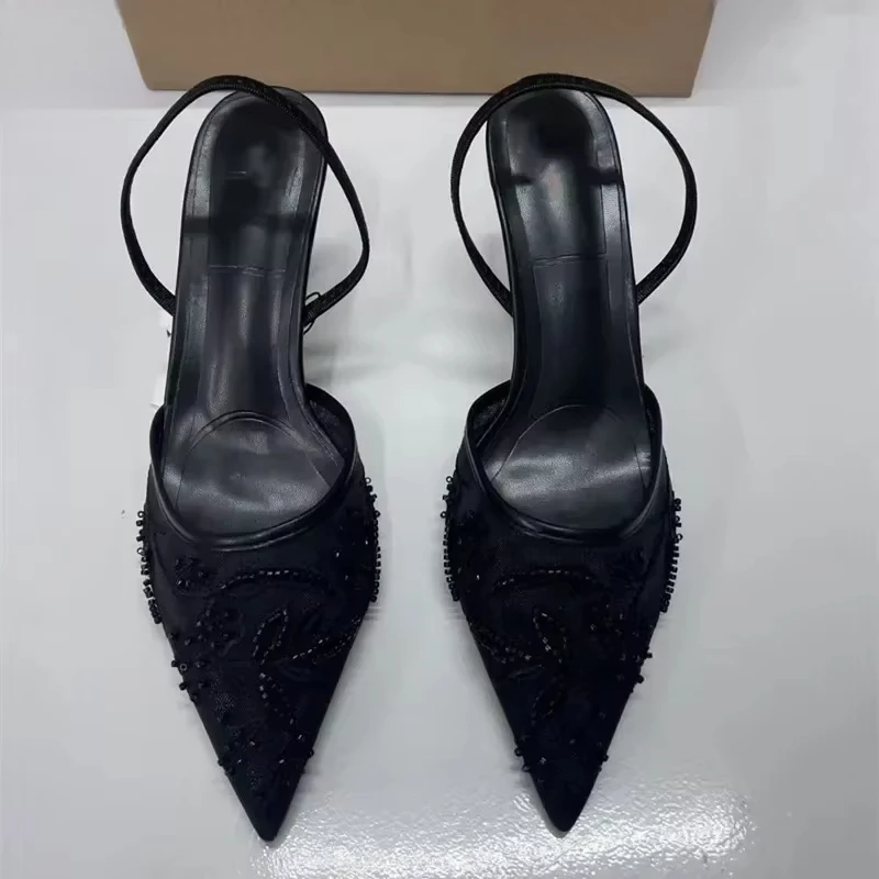 2025 New Black Woman Embroidered Mesh Open Heel Shoes Fashion Print Stiletto Women High-heel Pumps Sexy Pointed End Sandals image 3