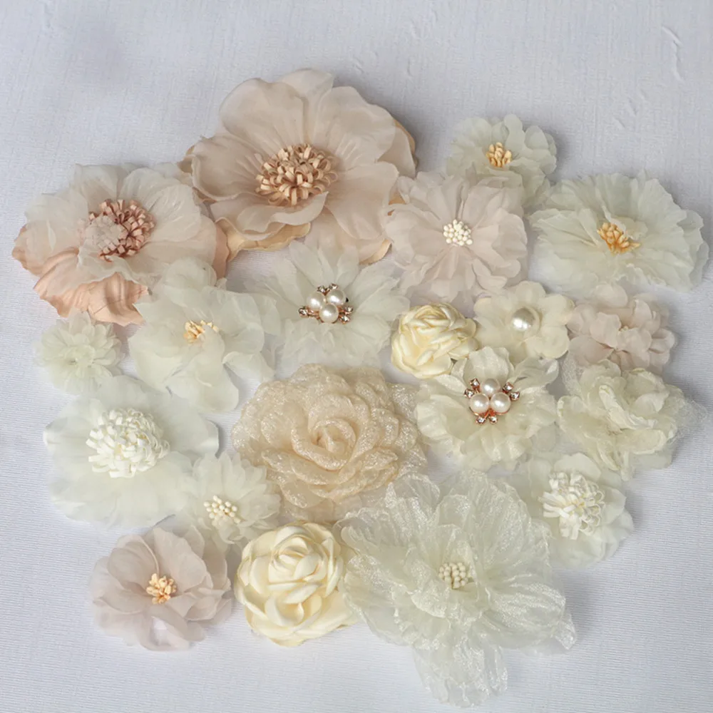 20Pcs Set Beige Series Mix 20 Styles Chiffon Organza Fabric Rose Flowers Wedding Dress Girls Clothing Headwear Decoration DIY