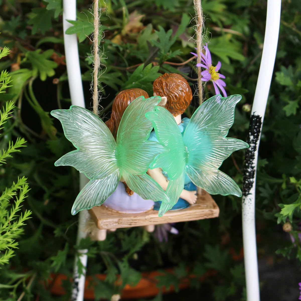 Romantic Fairy Couple on Swing Resin Figurine Hanging Tree Ornament Winged Elf Lovers Statue Fairy Garden Micro Landscape Home D