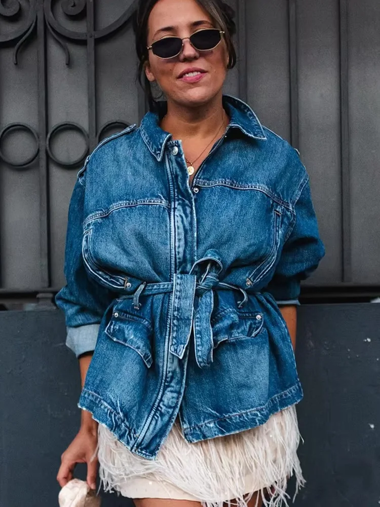 HH Conjuntos de calças jeans femininas outono gola virada para baixo mangas compridas casacos com cinto + calças soltas de cintura alta com zíper e bolsos com bainha