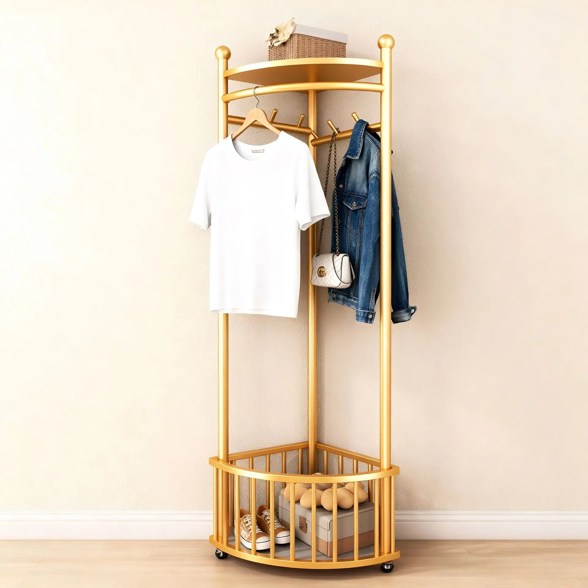 Corner Floor Clothing Rack for Bedroom Wardrobe Stand Wall Corner Indoor Home Living Room Standing Bag Hook Organizer