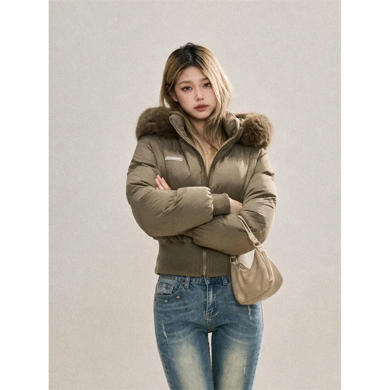 2026 Winter Women 90 White Duck Down Jacket Hooded With Faux Fur Collar Cropped Puffer Coat Slim Fit Warm Down Outerwear