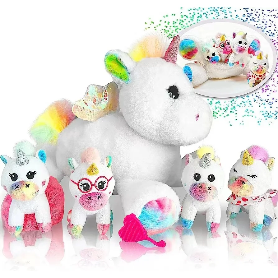 Set of 5 Unicorn Plush Toys, Rainbow Unicorn Mother and Baby Set, Soft and Delicate, PP Filled