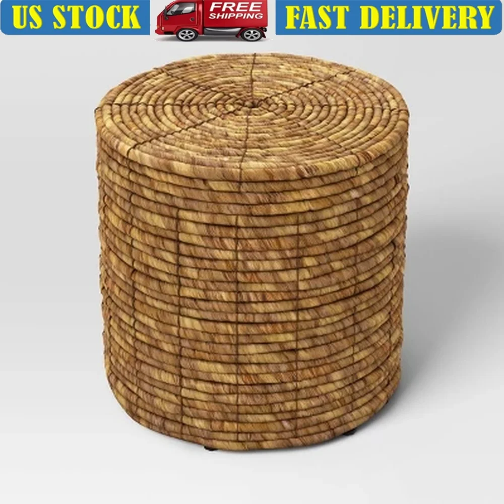 

Woven Round Storage Ottoman Natural Shade Metal Frame Extra Seating Footrest Home Decor 18 Inch Dimensions No Assembly Required