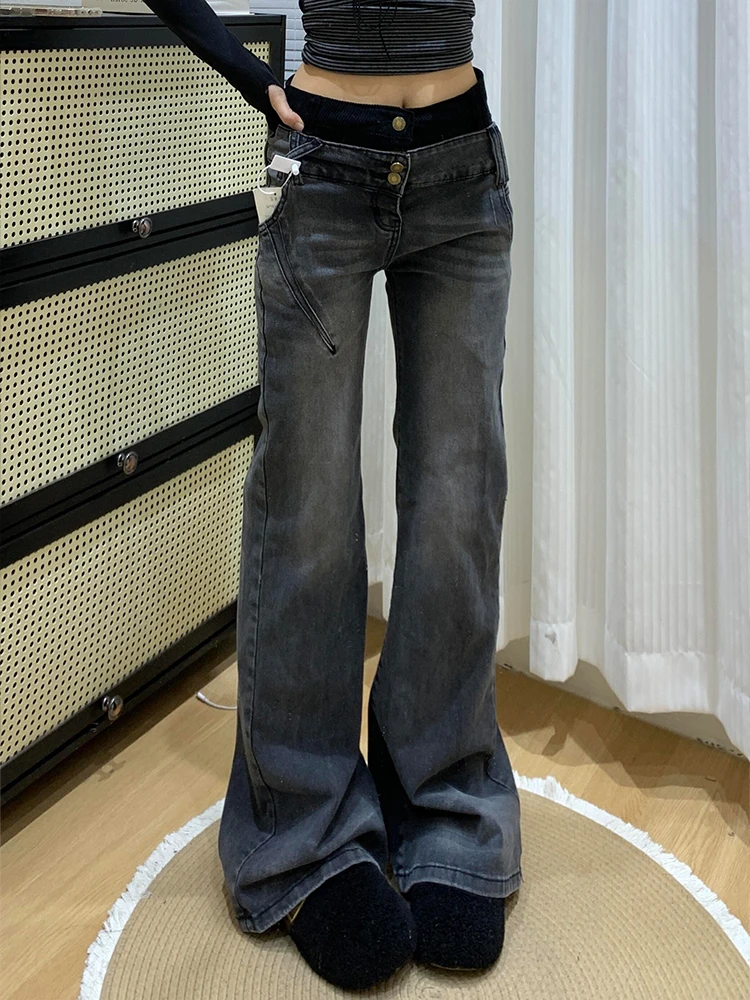 

Ретро-джинсы в американском стиле с вставками, женские, сексуальные, с эффектом потертости, слегка расклешенные, утягивающие, универсальные, с низкой талией, на молнии, на все сезоны