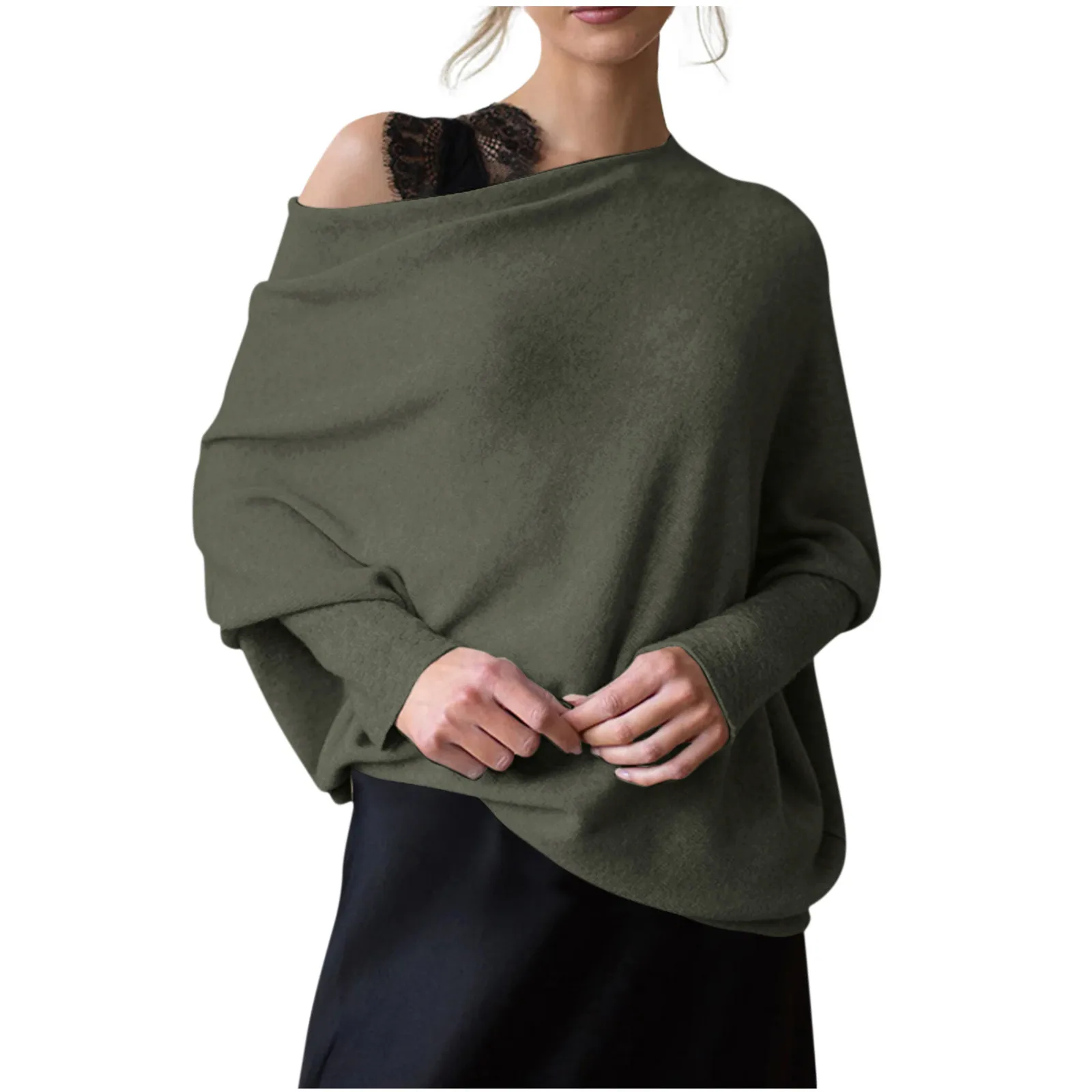 Womens Long Sleeve Neck Tunic Tops Fall Baggy Slouchy Pullover Sweaters Off The Shoulder Sweater