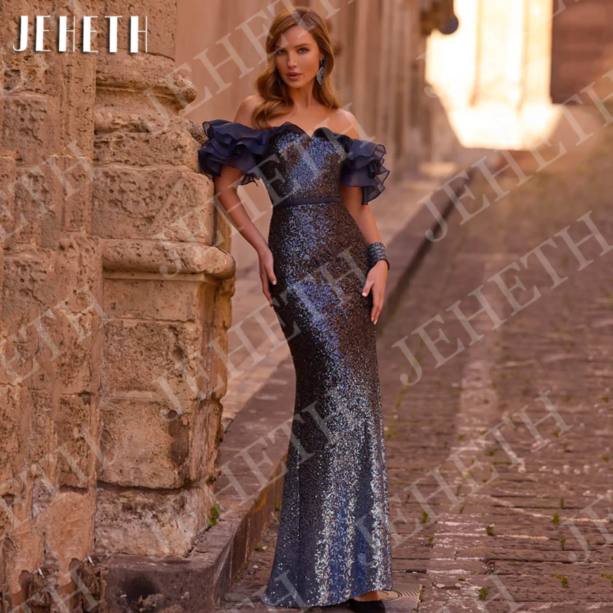 

JEHETH Sequin Evening Dress for Woman Elegant Ruffled Off Shoulder Mermaid Special Occasions Dresses Customized فساتين سهرات