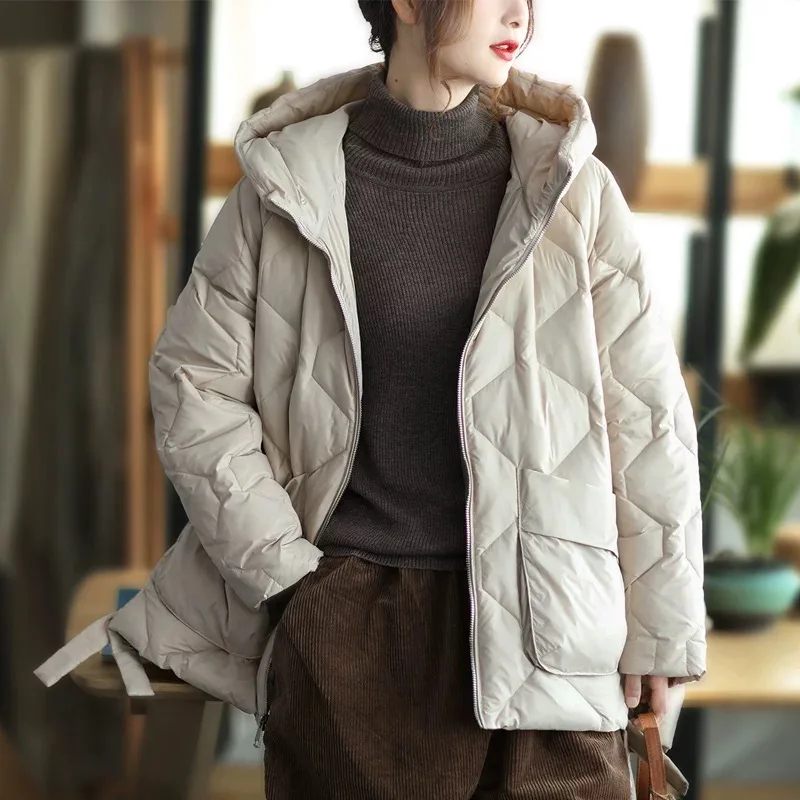 

Short Down Jacket for Women, Hooded Coats, Warm Jackets, Thick and Loose, Monochromatic, Casual, Vintage, Stylish, Winter