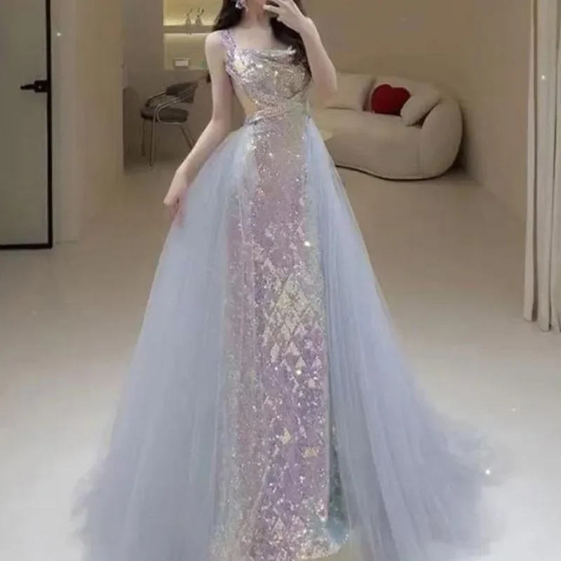 Customized Mermaid Sequined Elegant Wedding Party Dresses Square Collar Sling Slim Prom Vestidos Luxury Shinny Temperament Eveni