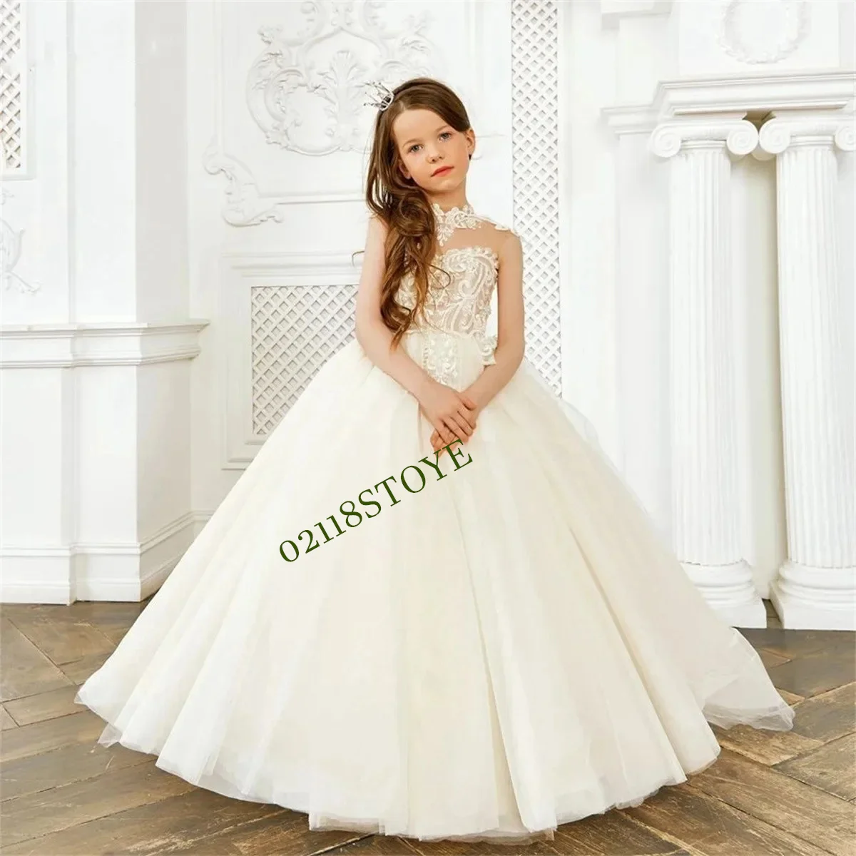 CusElegant Flower Girl Dress High Neck Tulle Puffy Sleeveless Applique For Wedding Princess Birthday Party First Communion Gowns