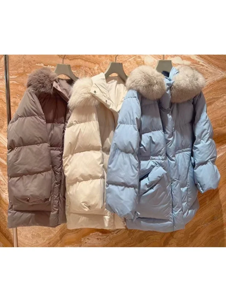 

Thick Warm Pure down Jacket Coat with Fur Collar Waist Cinched Mid-Length Sweet Style White Duck Feather Women's Outerwear