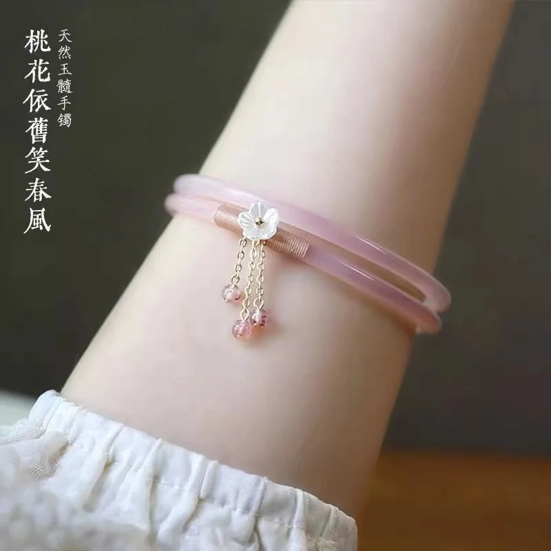 2Pcs/Set Imitate Natural Jade Jingle Peach Blossom Jelly Strips Bangles Retro Simple Girl Antique Glass Women\'s Jewelry Gifts