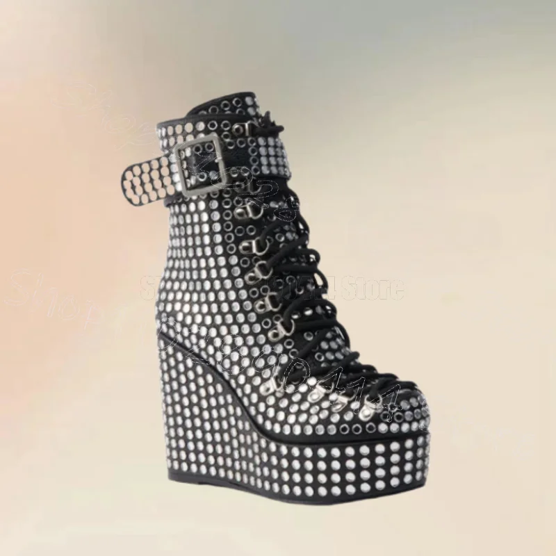 

Silver Crystal Buckle Black Cross Tied Ankle Boots Side Zipper Women Shoes Wedges Heel New Party Dating 2025 Zapatos Para Mujere