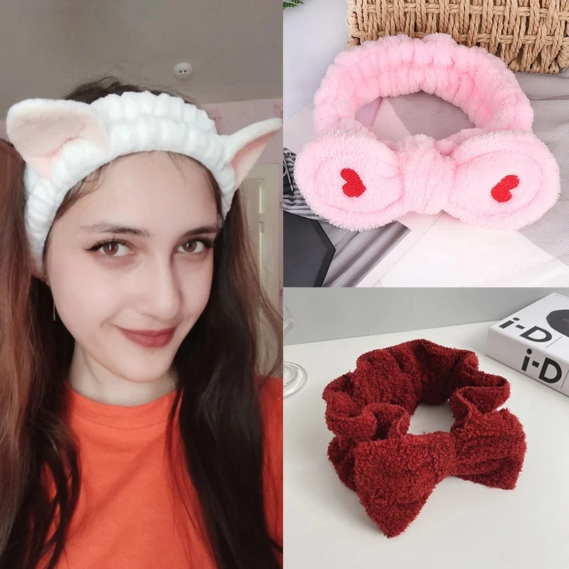 Women Coral Fleece Elastic Hair BandsSoft Wash Face Hairbands Bow Headband Hair Accessories Girls Sweet Cute Headwear Ornaments