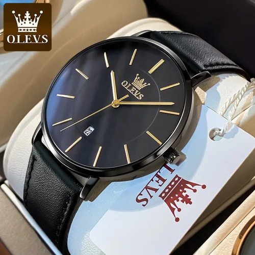 OLEVS 5869 relojes para hombre correa de cuero resistente al agua fecha automática reloj para hombre moda simplicidad reloj de pulsera de cuarzo ultrafino para hombres