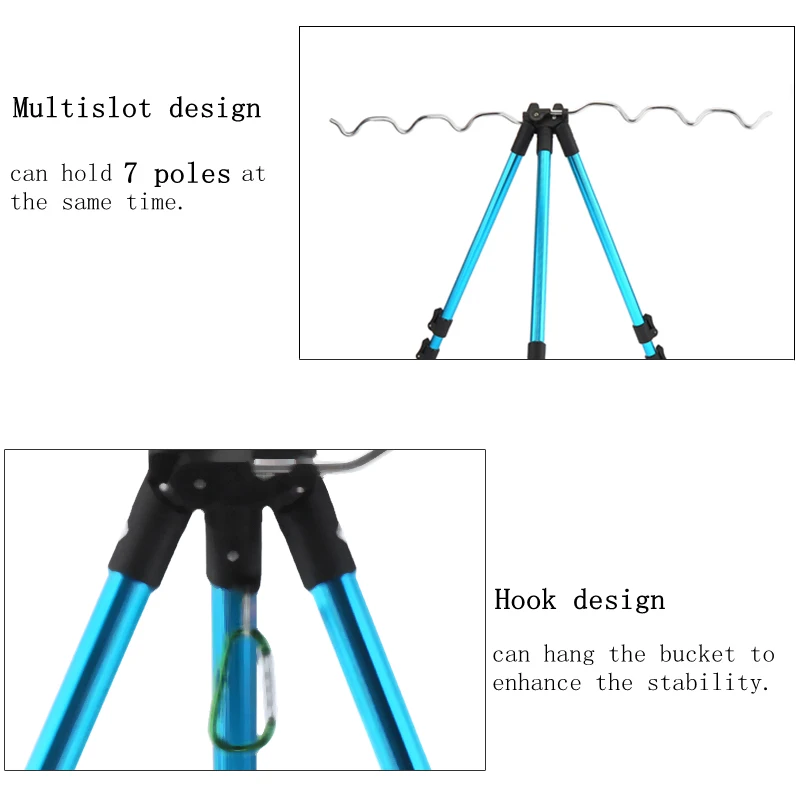 Soporte telescópico para caña de pescar, aleación de aluminio fuerte, 7 ranuras, trípode plegable, para caña de pescar en el mar, color azul y rojo