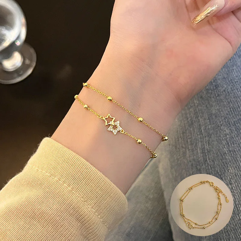 

100% 925 Sterling Silver Zircon Star Bracelet for Women Girl Double Layer Hollow Out Design Jewelry Birthday Gift Dropshipping