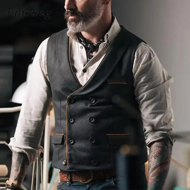 Vintage Double-breasted Waistcoats Mens Casual V Neck Patchwork Sleeveless Suit Jackets Men Autumn Trendy Vest Jacket Streetwear