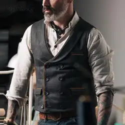 Vintage Double-breasted Waistcoats Mens Casual V Neck Patchwork Sleeveless Suit Jackets Men Autumn Trendy Vest Jacket Streetwear