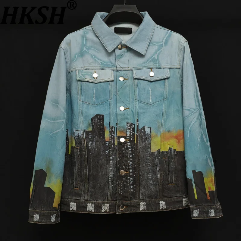 

HKSH весна осень новая мужская винтажная джинсовая куртка в стиле панк с тремя головками дракона High Street роскошные модные универсальные пальто HK17707