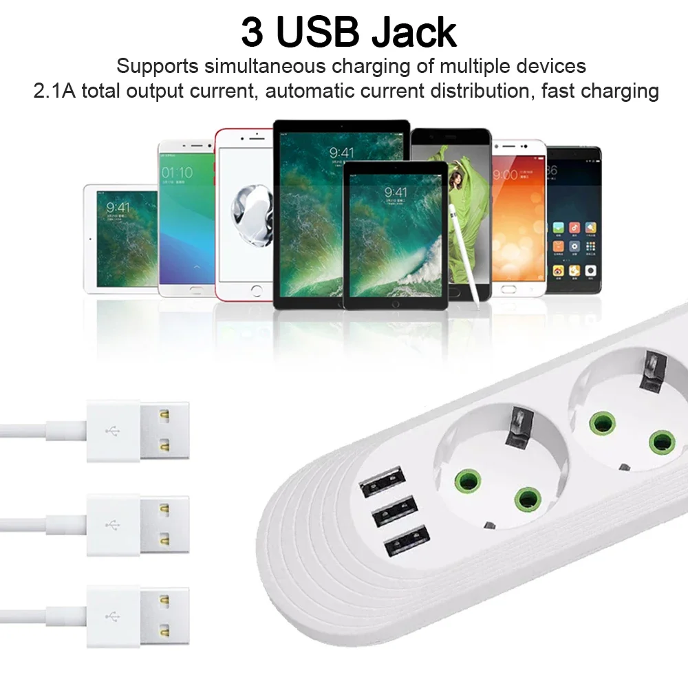 EU Plug Power Strip 5 Jack with 3 USB Ports 2M Extension Cord Electrical Socket Round Pin AC Outlet 2500W Multicontact Adapter