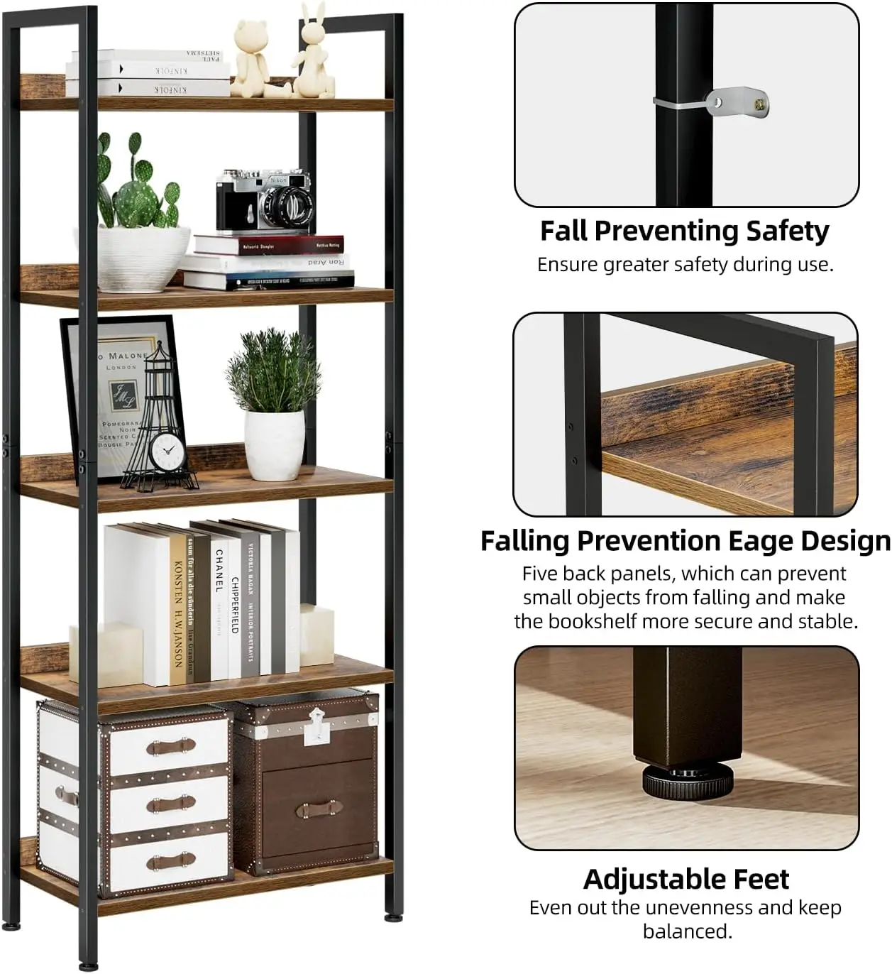 Bookshelf, 5 Tier Bookshelves, Home Office Bookcase Shelf Storage Organizer,Standing Storage Shelving Unit for Bedroom