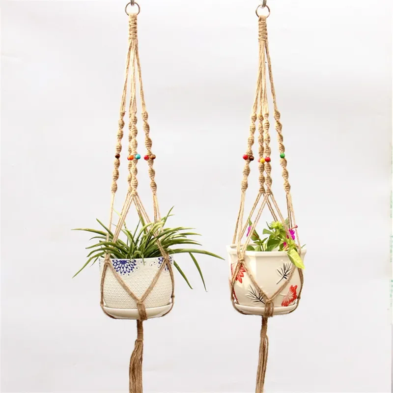 Flower Pot Hemp Rope Hanging Net Straw Macrame Plant Hanger Flower Pot Garden Holder Legs Hanging Rope Basket Balcony Decor