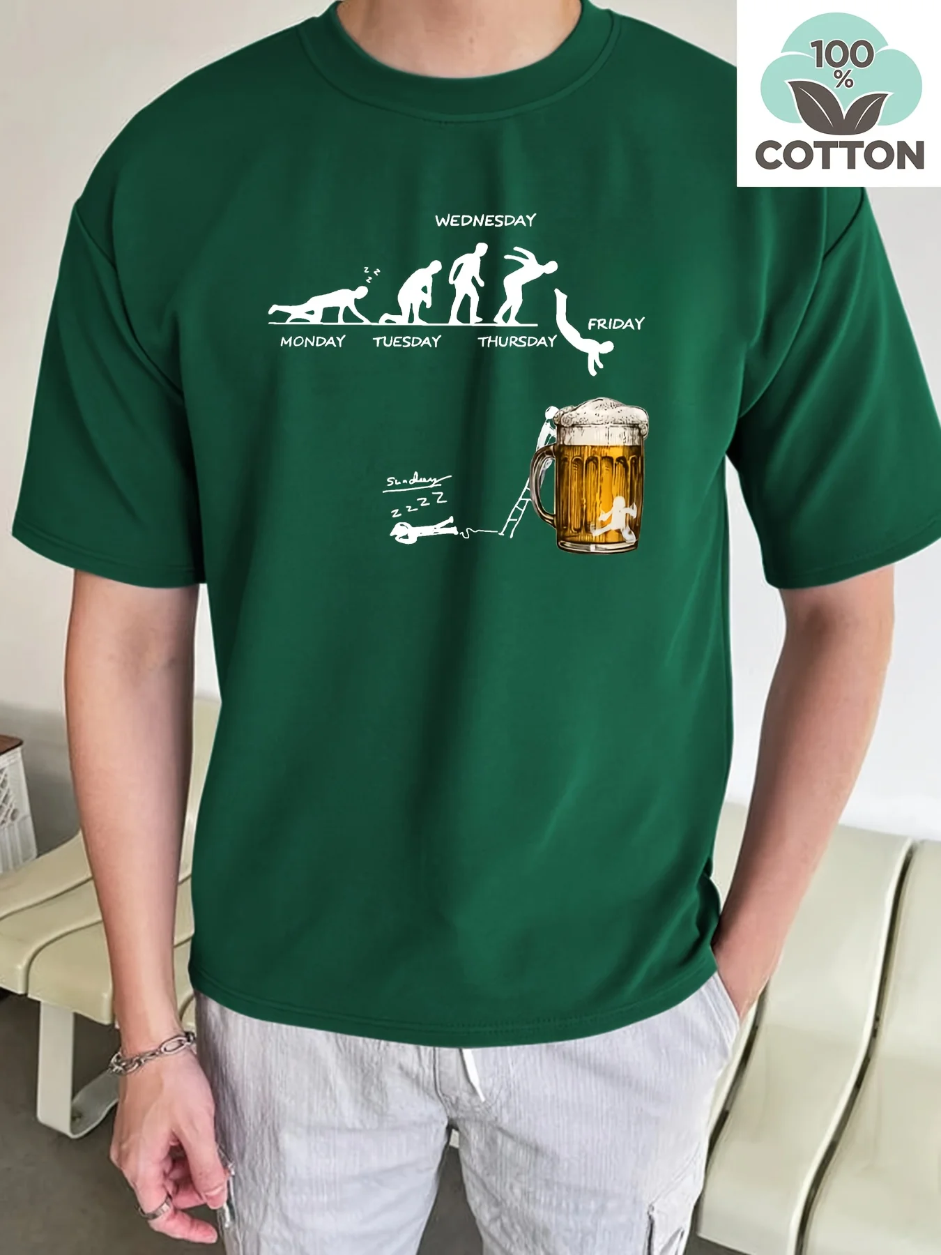 Men's Summer 100 Cotton Fashionable Casual Loose Large Fun Beer Pattern Printed Sports Round Neck Short Sleeve T-shirt Top image 4