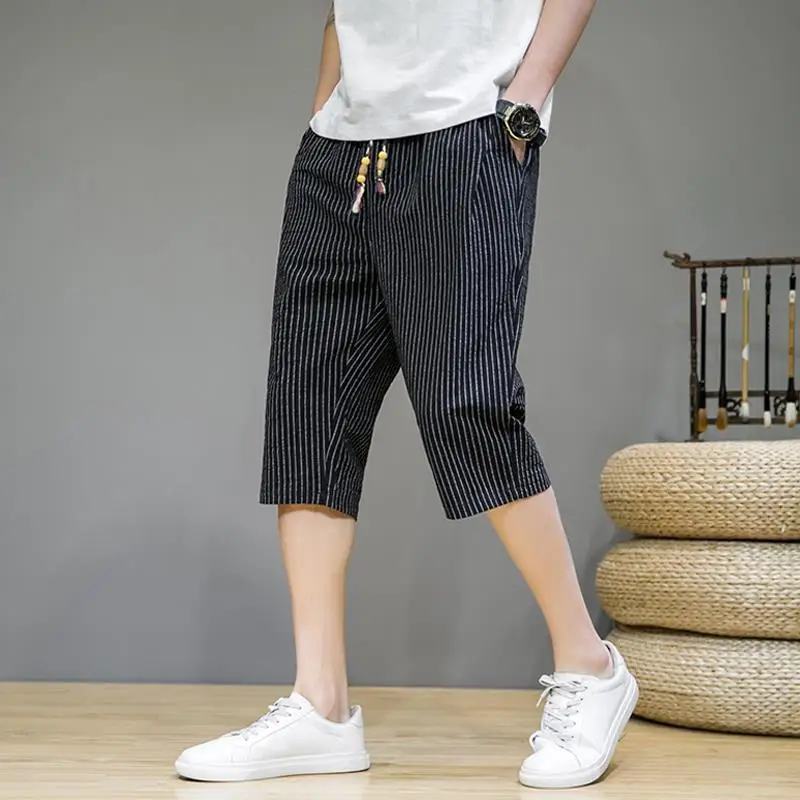 

Men's Summer Striped Casual Cropped Pants Thin Breathable Loose Fit Streetwear Capri Trousers for Youth