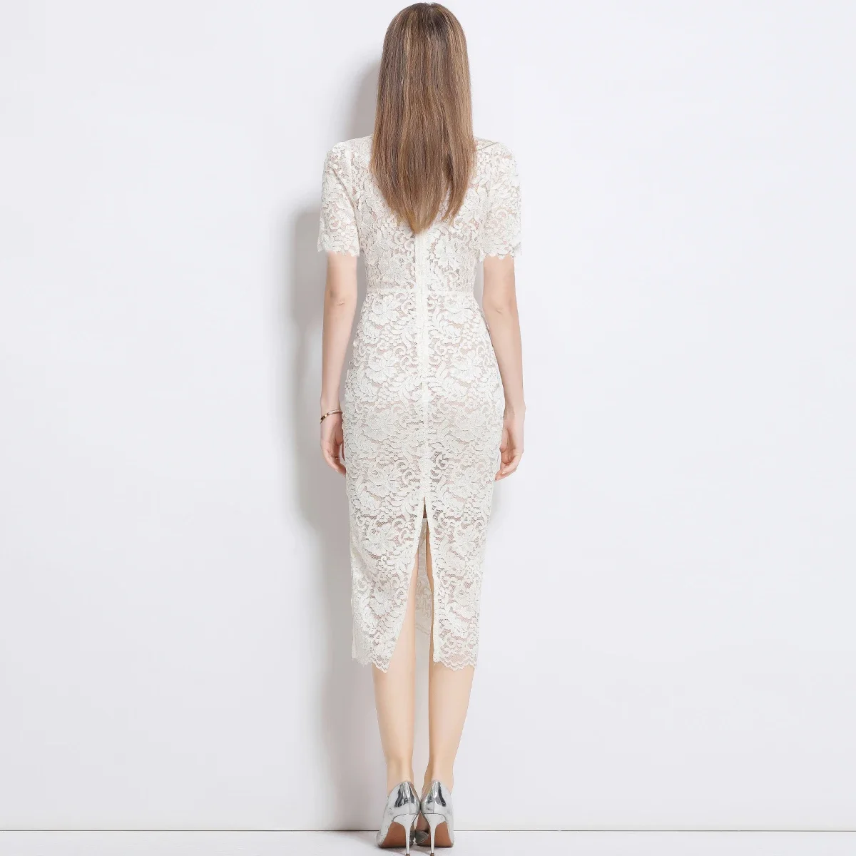 หรูหราคริสตัลลูกไม้ชุดราตรีผู้หญิงลูกปัดแขนสั้นฤดูร้อนดินสอยาวชุดสีขาว Midi Vestidos อย่างเป็นทางการโอกาส