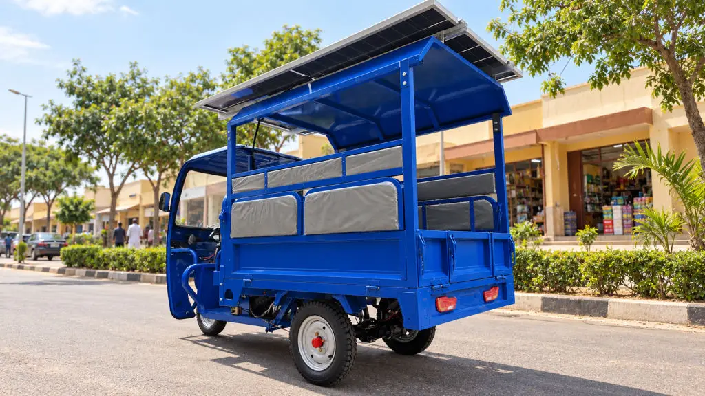 Blue Electric Cargo Tricycle Solar Panel Roof 60 V Electric Utility Three Wheeler For Last Mile Transport