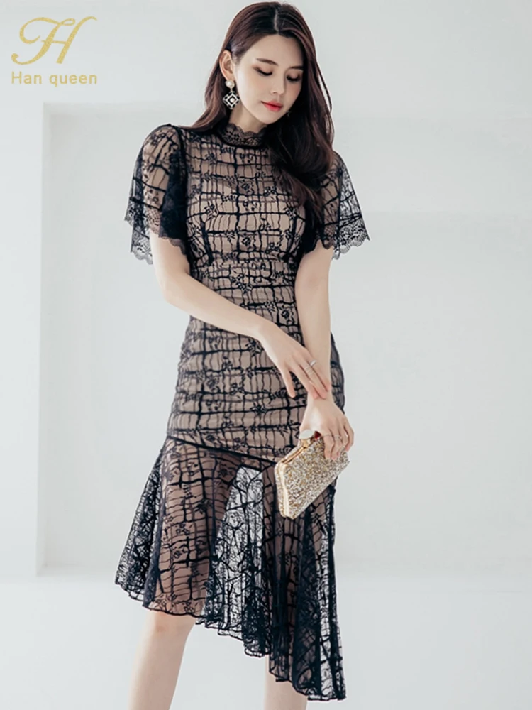 H Han Queen New Summer Elegant Sexy See Through Lace Dress Women Korean Irregular Sheath Mermaid Dresses Simple Party Vestidos