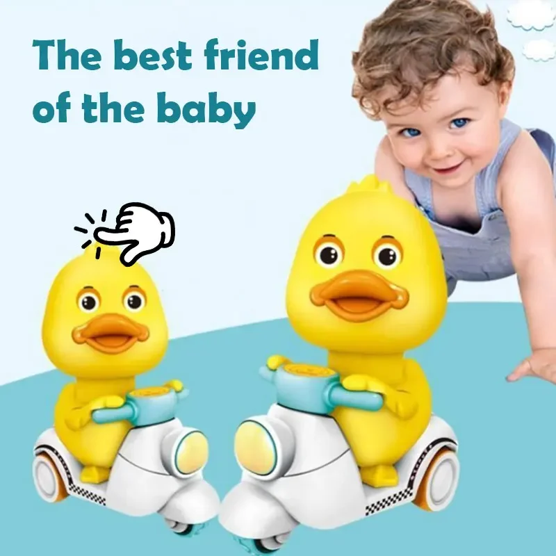 Kids Manual Pressing Head Free Rotation Cute Duck Press Car Motorcycle Anti-collision and Anti Drop Baby Toys Mini Car Gift