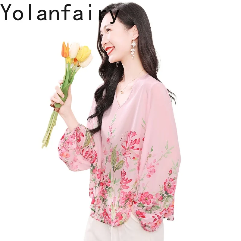

YOLANFAIRY, новая модная блузка из 100% натурального шелка тутового шелка, женские высококачественные элегантные рубашки с длинными рукавами, женская одежда, топ с цветочным принтом