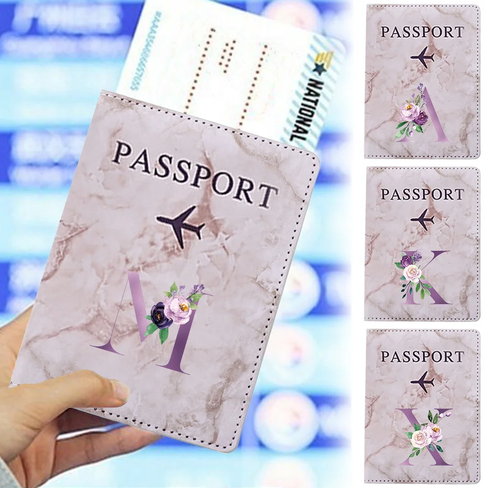 

PU Leather Passport Cover Card Holder Wallet Lightweight Travel Accessories for Flight Purple Letter Pattern Series