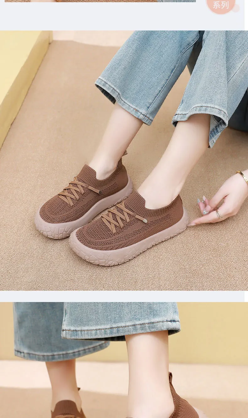Damen-Stricksocken-Sneaker, atmungsaktives, hohles, fliegengewebtes Obermaterial, rutschfeste, rockartige Textur, dicke Sohle, leichte, lässige Wanderschuhe – Detail 23