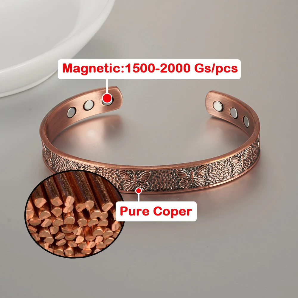 Pure Copper Bracelets Magnetic Butterfly Adjustable Vintage Cuff Bangles 9.7mm Health Energy High Magnet Jewelry Resizable Metal