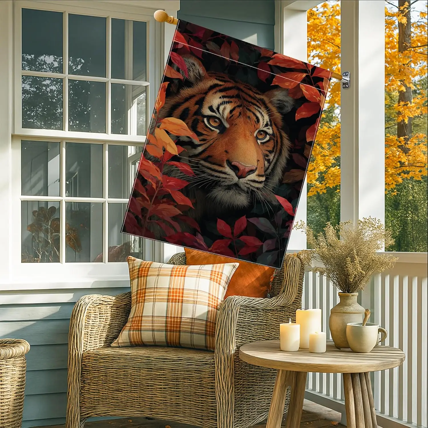 Autumn Tiger Garden Flag, Orange and Red Leaves Decorative Outdoor Banner, Double-Sided Seasonal Home Decor, Lawn and Garden UUX