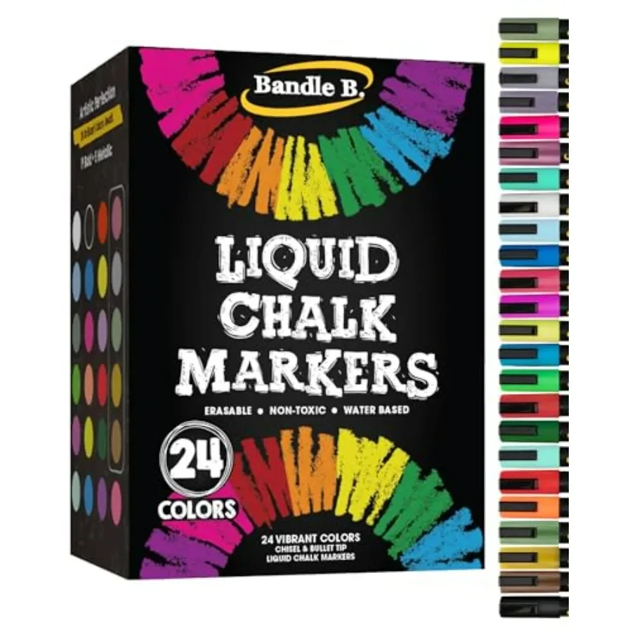 

Меловые маркеры. 24 яркие стираемые нетоксичные двусторонние насадки на водной основе для взрослых. Идеально подходят для стеклянных классных досок и бизнеса.
