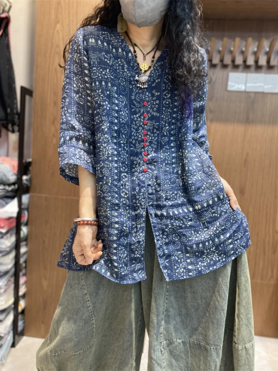 

High-End Large Size irt Floral Print Slimming Ethnic Sle Retro Five-Quarter Sve V-Ne Versatile Summer Faion Women'...