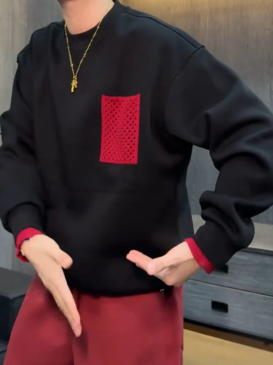 

Мужской утепленный свитшот с круглым вырезом и длинными рукавами, осенне-зимний, новый, повседневный, свободного кроя, с цветными блоками