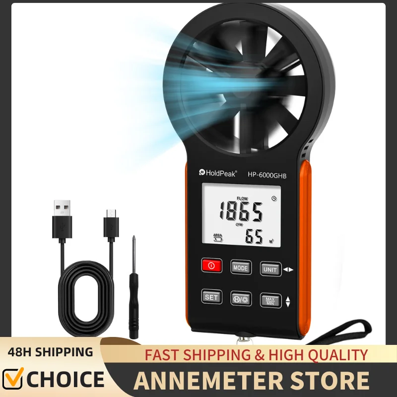

6000GHB Digital Anemometer - High Precision Wind Speed Meter with Temperature & Air Flow Measurement, IP67 Waterproof, Type-C