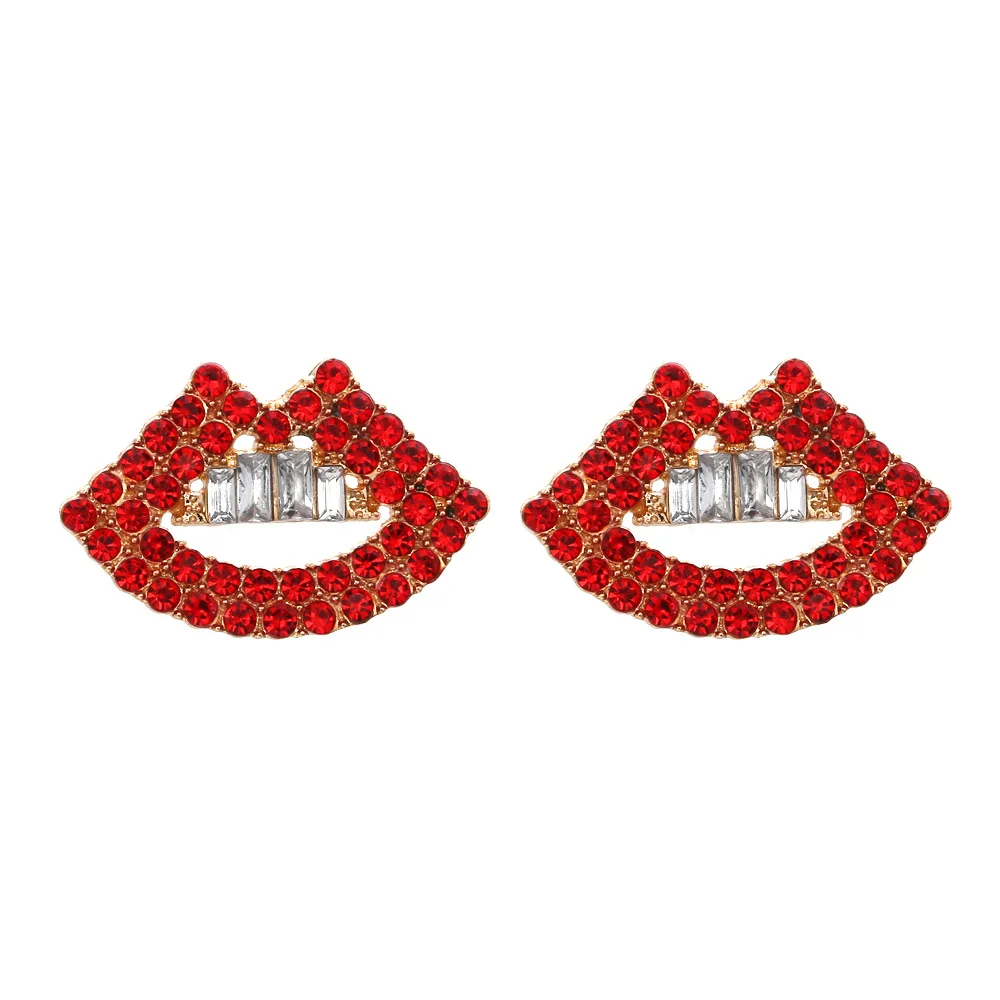 Personality and creativity full diamond lip stud earrings exaggerated alloy hollow diamond earrings retro earrings source