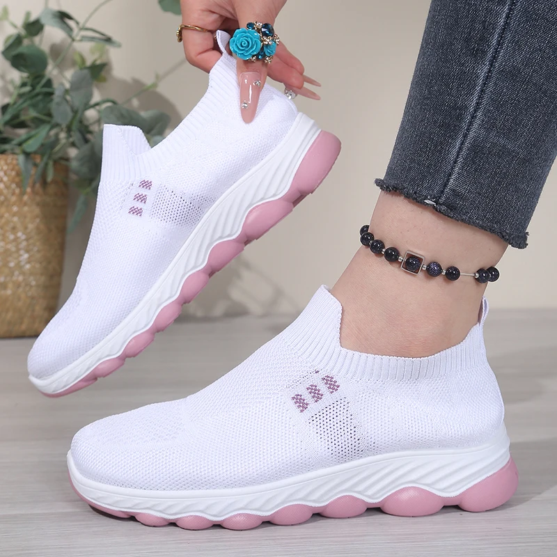 Gray Breathable Knit Mesh Slip-On Sneakers for Women, Lightweight Comfortable Shoes with Cushioned Wavy Sole view 6