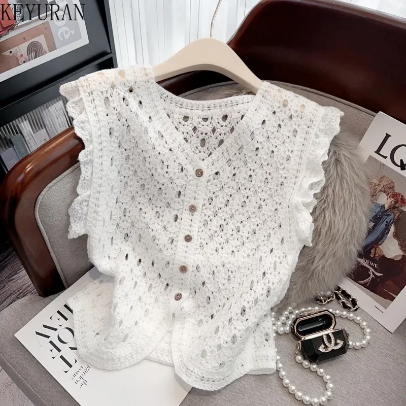 2024 Summer New French Crochet Hollow Out Sweater Vest Women Vintage Elegant Fashion Ruffles V-neck Knit Cardigan Vests Tops